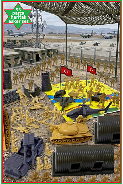 OYUNCAKSAHİLİ Asker Savaş Seti 55li Tank Uçak Hangar Askerler Mevzi Bayrak He...