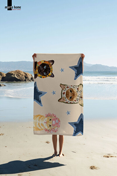 Marte Home CATS - RENKLİ KEDİ BASKILI PLAJ HAVLUSU - 75x150 CM