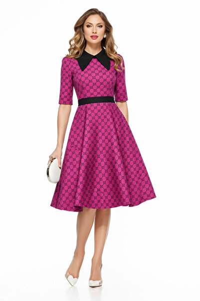 Fofy Rochie retro midi ciclame cu imprimeu negru și guler negru supradimensionat