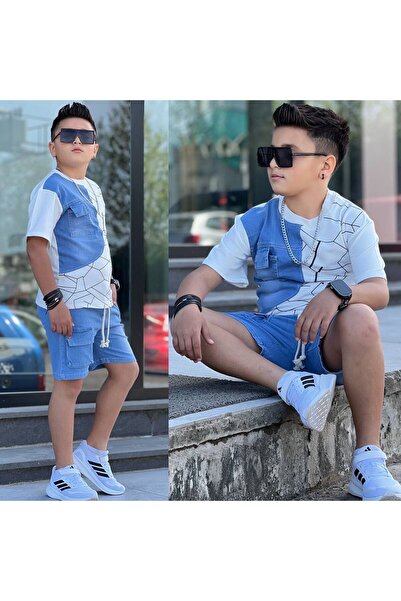 Erkek Çocuk Cep Detaylı İkili Kot Takımı - Kot Detaylı T-shirt - Şort İkili Bayramlık Takımı %100 Pamuklu