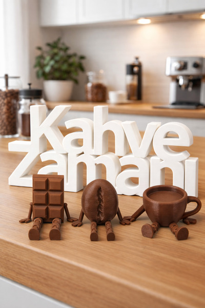 PRİNTELLA Kahve Zamanı Dekoratif Yazı + Sallanan Ayaklı 3’lü Figür Seti Kahve...