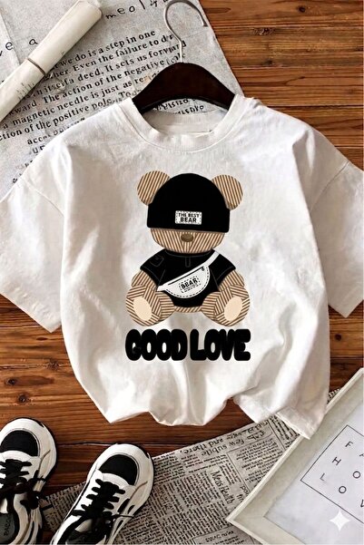 LELVANİ Unisex Good Love the Bear Text Printed White Tshirt