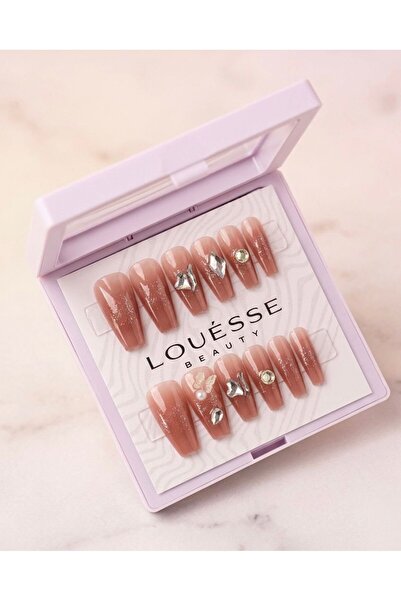 Louesse Beauty Louésse Caramel Glow Takma Tırnak 12’li – Nude Kahve Simli Taş...