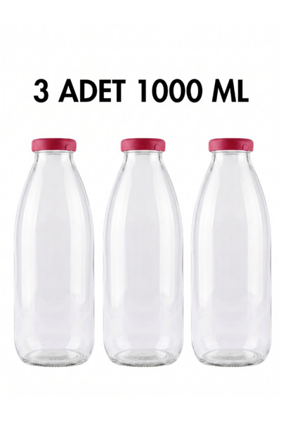 Milea 3 Adet Sızdırmaz Plastik Kırmızı Kapaklı Şeffaf Cam Süt Ayran Limonata ...