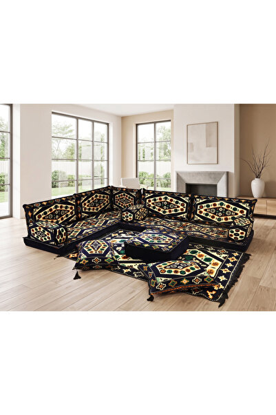 FEYZA DECOR HOME Şark Köşesi Takımı - Yörük Kilim Desenli L Tipi Yer Minderi ...