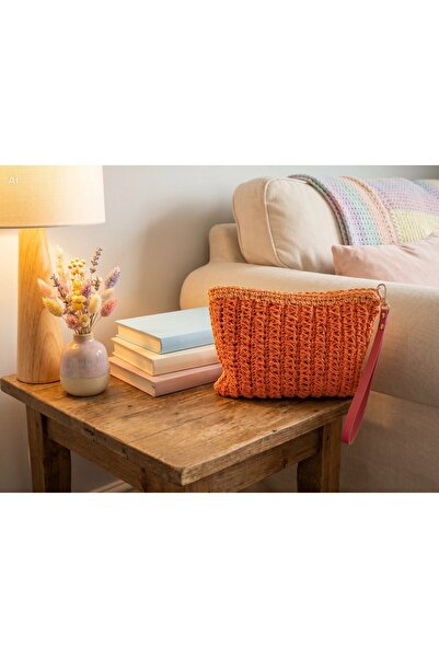 Meya design Women's Orange Hand-Knitted Paper String Zippered Portfolio Bag - 19X25 cm