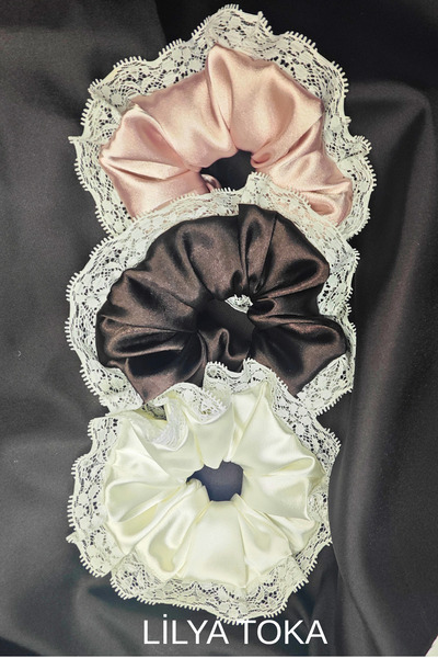 TOKALİLYA Kadın dantelli 15cm saten saç lastik scrunchie toka seti