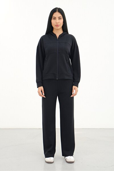 Shooter Sportswear بدلة رياضية نسائية باللون الأزرق الداكن مع قلنسوة وسحاب عل...