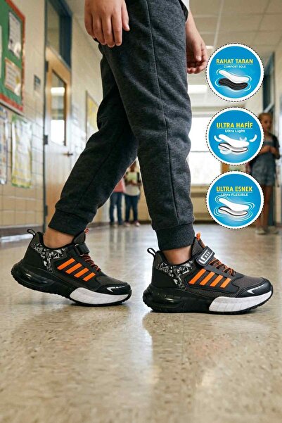 WALKWAY Black Orange Velcro Mesh Lightweight Boys' Sports Shoes 748 F