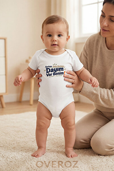 Overoz Dayı Written Baby Bodysuit for Boys and Girls, White Short Sleeve Snap...