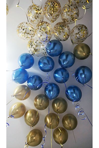 Parti Zamanı Lüks Metalik Safir Mavi Gold ve Konfetili Balon Seti - 30 Adet P...
