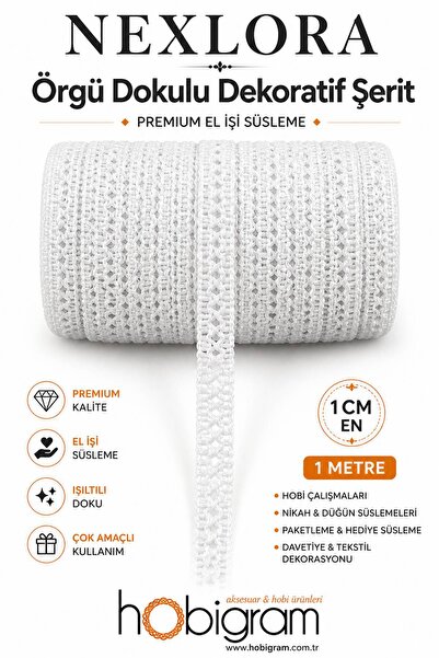 Hobigram Beyaz Nexlora Örgü Dokulu Dekoratif Şerit – Premium El İşi Süsleme 1...