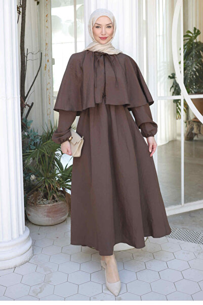 Brown Cloak Detailed Sleeve Elastic Dress