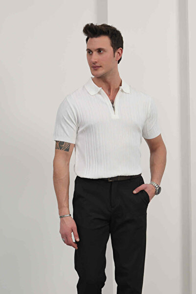 MODEFENDİ Men's Striped Zipper Detailed Polo Collar T-Shirt