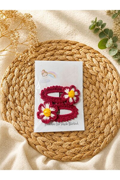 🌼 El Örgüsü Papatya Figürlü Fuşya Çıtçıt Toka (2’li Set)