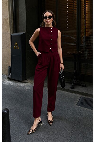 Selene Studıo Bordo Düğme Detaylı Yelek Pantolon Takım