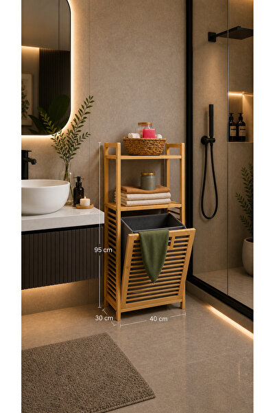 LUCKY CLOVER Bambu Çamaşır Sepeti Kapaklı Raflı Organizer Kirli Sepeti Banyo ...