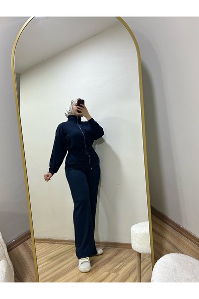 BNGL Boutique Sweatshirt with Soft Texture, Elastic Waist, Oversized Cardigan in Navy Blue