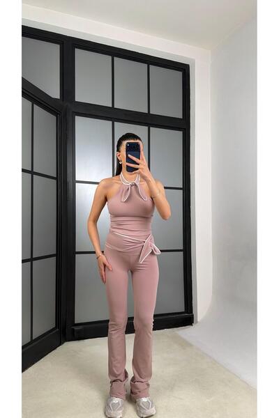 GAUS CO Pudra Pembe OYS Model Fiyonk Detaylı Crop Tayt Takım GAUS-01407