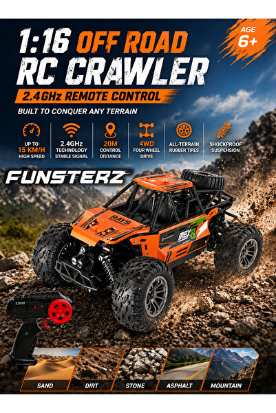 funsterz 1:16 RC Off Road Crawler Car 2.4GHz 4WD Remote Control Rechargeable ...