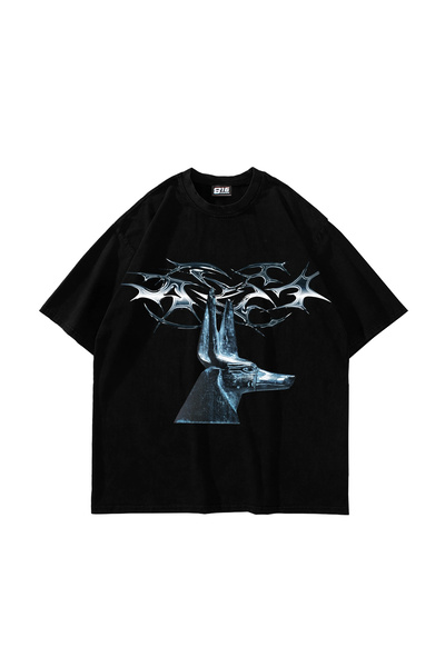Bak Moda Μπλουζάκι Oversize Unisex με Ολογραφική Εκτύπωση σε Μαύρο Χρώμα