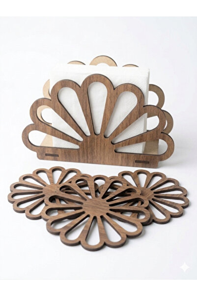 AS TASARIM LAZER Decorative Wooden Napkin Holder and Set of 6 Coasters