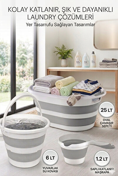 Set of 3 25 Lt Foldable Laundry Basket 6 Lt Foldable Accordion Water Bucket 1.2 Lt Pitcher