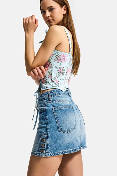 it's basic İts basic Kadın Tint Kot Rengi Mini Boy Yandan Düğmeli Denim Etek