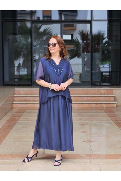 Felix Butik FELİX15003 Yaka Pullu İthal İpekli Lacivert Elbise