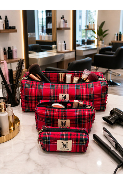 MAKE BAG YENİ KIRMIZI EKOSE 3'LÜ MAKYAJ SETİ