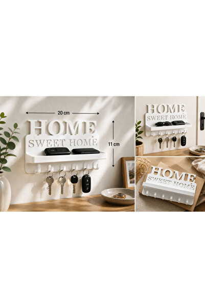 Cafio3D Home Sweet Home Duvar Anahtarlık ve Raf – Dekoratif Askılık (20x11 cm)