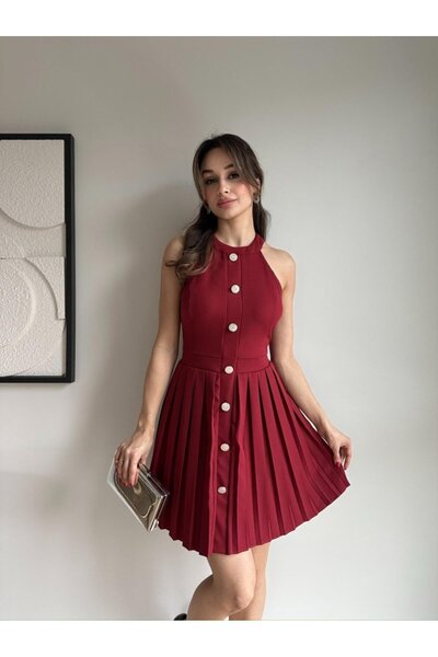 Klex Halter Yaka Pliseli Düğme Detaylı Mini Elbise 5008