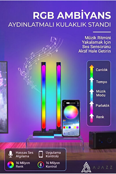 Ajazz ABL-190 Ambiyans Aydınlatmalı Kulaklık Standı- Sese Duyarlı RGB Işık Barı