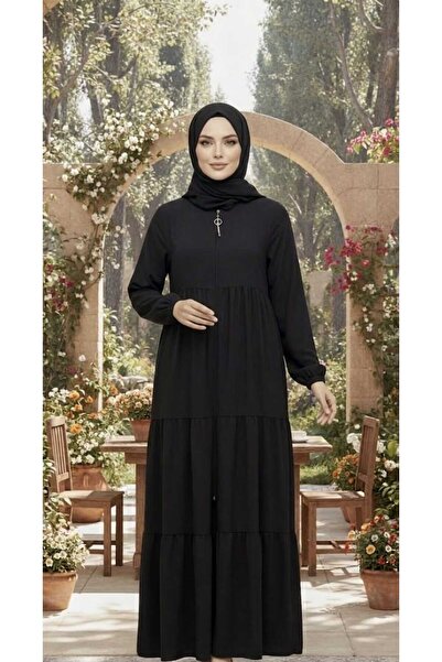 İSF Moda Kadın Fermuarlı Kat Kat Fırfırlı Ferace Modern Uzun Kap