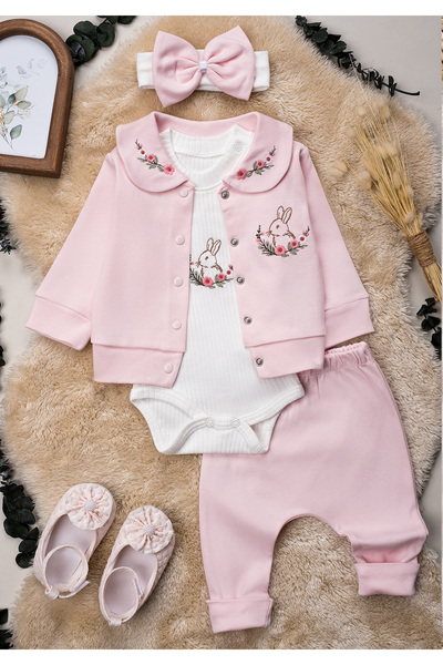 Hopy Kids 1047 Tavşan Nakışlı Kız Bebek 3’lü Takım %100 Pamuk Kompakt Penye –...