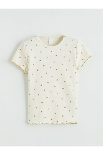 LC Waikiki Vizyon New Season Heart Patterned Girls' Ribbed T-Shirt