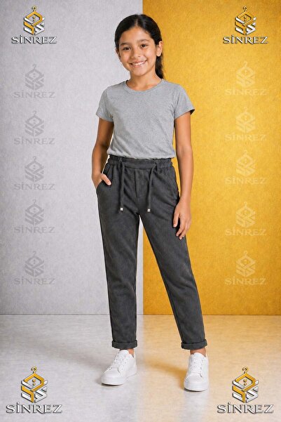SİNREZ Girls' Plain Trousers 3.Mdl Elastic Waist Lycra Folded Leg Style