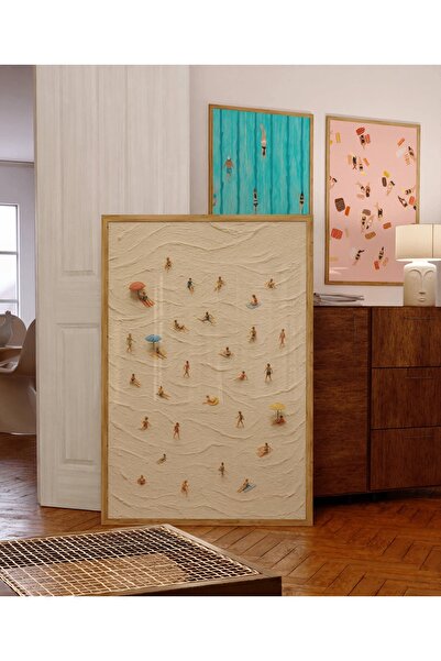 NinaStore Minimalist Minik İnsanlar Plajda Sanat Baskısı - Havadan Plaj Manza...