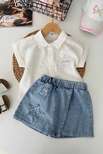 Minigimin Cicileri My Little Girl's Star Embroidery Detailed Denim Shorts Ski...
