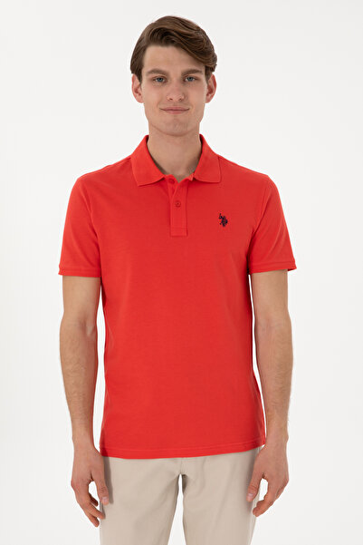 U.S. Polo Assn. تي شيرت رجالي ذو قصة ضيقة وياقة بولو باللون الأحمر الأساسي 50...