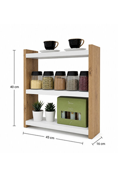 DESİGN 3 Katlı Ahşap Beyaz Mutfak Rafı – Baharatlık Organizer 45x40x16 cm Mod...