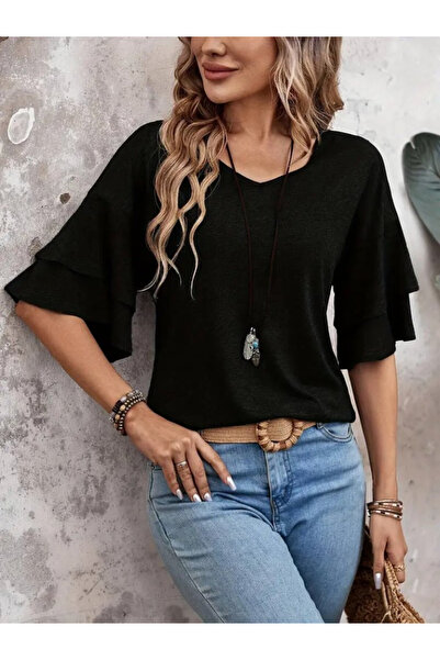 Efnaz style    بلوزة فيسكوز نسائية بأكمام قصيرة ورقبة على شكل حرف V