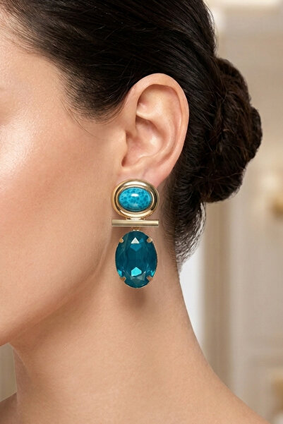 PETEK AKSESUAR Oval Crystal Hood Earrings 5 Cm.