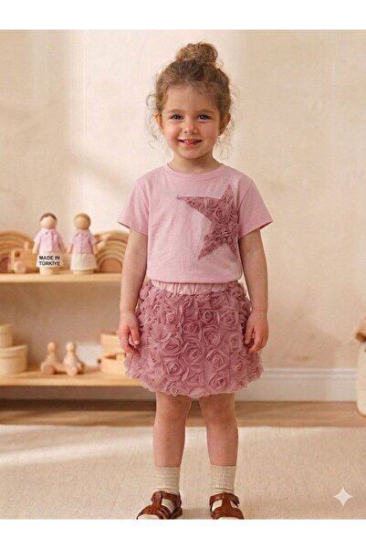 SÜSLÜ KİDS Rose Star Shorts Skirt T-Shirt Set