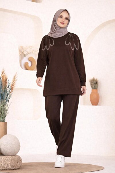 HİRA LİFE FASHİON Women's Stoned Shoulder and Cuffed Sleeve Tunic-Pants Two-P...
