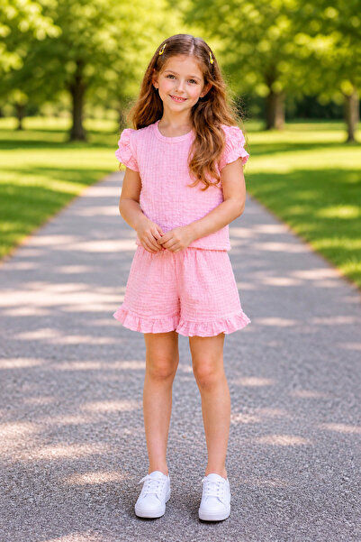 Yalçınoğlu Kids Set de pantaloni scurți de vară cu mâneci cu volane premium p...
