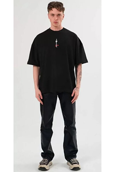 Efnaz style Unisex Crew Neck Printed Oversize T-Shirt - Black