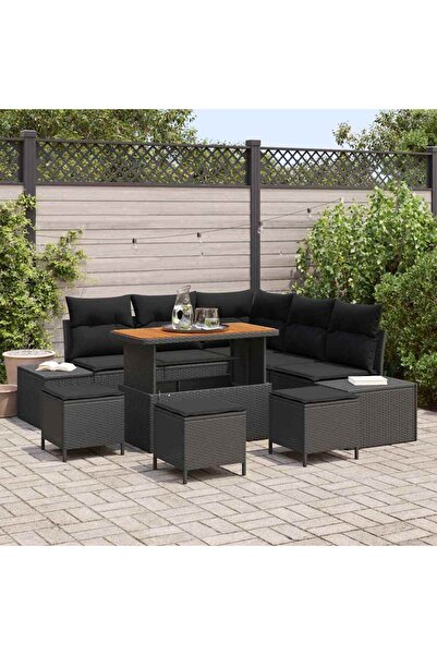 vidaxl Set de canapele pentru gradina cu perna 9 pcs Negru poliratan