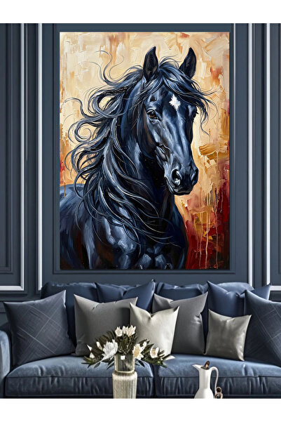 Artmeg Pânză decorativă cu pictură în ulei cu cap de cal negru - Tablou din l...
