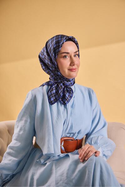Silk Home Μεταξωτό καρό φουλάρι από τουίλ σε μωβ-μπλε χρώμα
